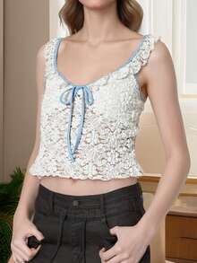 Women's Lace Cropped Camisole Ruffled Sweetheart Neck Slim Fit Tank Tops For Summer Streetwear