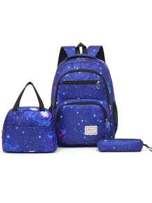 3 Pieces Set Of Dark Blue Starry Sky Print School Bag Backpack With Stationery Bag Lunch Bag, Large Capacity Waterproof Lightweight Backpack, Casual And Convenient Travel Backpack, Can Accommodate 15.6-Inch Laptop, Suitable For Elementary School Students, Junior High School Students, High School Students, College Students, Back To School Gifts For Grandchildren And Sons