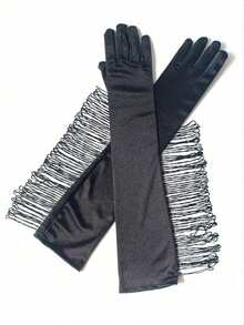 1 双黑色长流苏手套，舞台派对配饰 - 黑色 - 查看 3