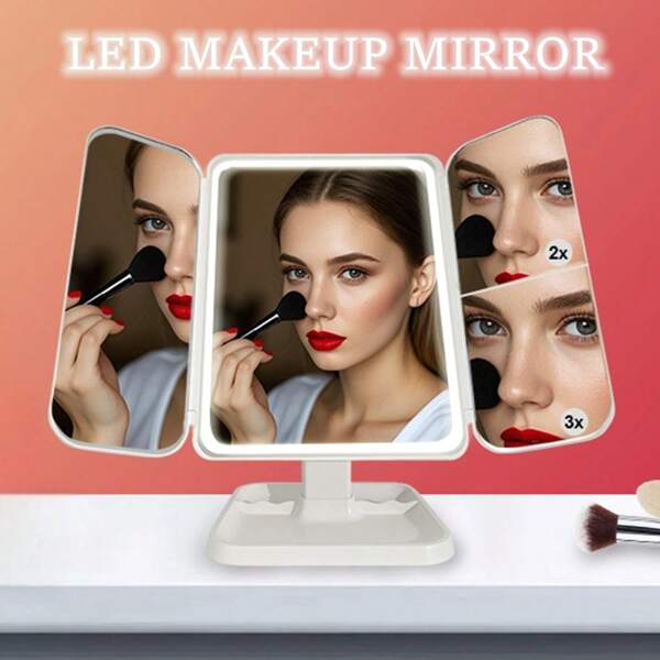 1PC LED Vanity Mirror With Leatherette Stand And Rechargeable Battery, Smart Touch Control, Foldable, 2X 3X Magnification Makeup Mirror With Lights, Dimmable,Cartoon Theme, Polished Finish, Plastic Frame, USB Powered, Alcohol-Free, For Residential Aesthetic And Makeup Use