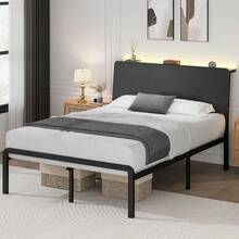 Twin/ Full/ Queen Bed Frame With LED Lights, Metal Bed Frame With Wooden Headboard & Storage Shelf, Under Bed Storage, No Box Spring Required, Easy Assemble, Black/ Black & Grey/ White & Brown - 黑色 - 查看 6