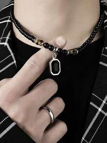 QTHOPE 1pc Hip-hop Stainless Steel Tiger's Eye Bead Necklace For Men, Versatile Personalized Jewelry Gift