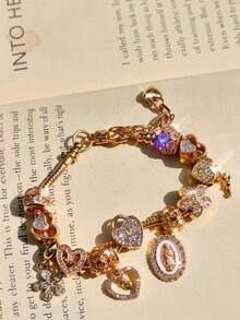 1pc Religious Virgin Mary Charm Bracelet, 1pc Religious Cross Bracelet, 1pc Fashion Sakura DIY Bracelet, 1pc Fashion Heart Lock & Key Bracelet - Gold - View 9