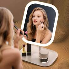1pc Multi-Function LED Makeup Mirror, Rotating Mirror Face, With Storage Box To Hold Lipsticks & Cosmetics, 3-Color Light, Long Press To Adjust Brightness, LED Vanity Mirror, Mirror Light