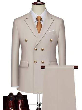 Men's Fashion New Solid Color Slim Fit Stretch Suit 2 Pieces Set, Includes Double Breasted Blazer And Trousers, Business Work Formal Evening Wear Suit