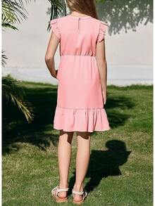 Girls Dresses Ruffle Trim Sleeveless V Neck Casual A-Line Flowy Dress With Pockets - 粉色 - 查看 5