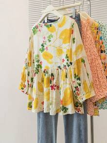 YUXIN Summer New Loose Sweet 3/4 Sleeve Round Neck Ruffle Blouse, Fashionable Bat Wing Design Ditsy Floral Shirt