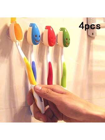 4pcs Smile Face Toothbrush Holder, Wall Mount Plastic Suction Cup Storage Rack, Portable Travel Toothbrush Cover, No Electricity Bathroom Accessories, Kids Bathroom Supplies | Suction Cup Bracket | Plastic