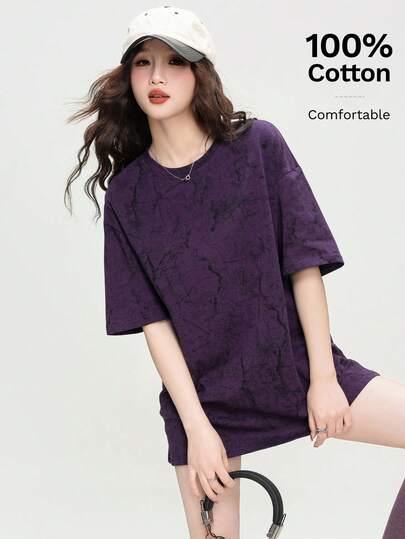 Áo thun ngắn tay cổ tròn dáng rộng màu tím nho JUTU, chất liệu cotton, kiểu dáng thoải mái, chất liệu cao cấp, thích hợp cho nữ mùa xuân/hè.