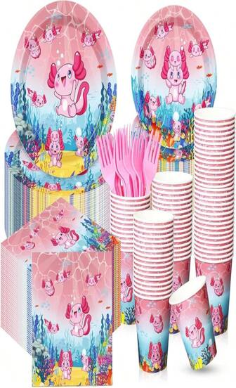 Yiyiring 180 Pcs Axolotl Birthday Decorations Party Supplies Plates Napkins Cups Reptile Animals Tableware Set Party Disposable Paper Dinner Dessert Plates Pink Napkins Beverage Cups Plastic Fork Set