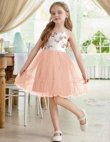 2025Toddler Girls Tulle Dress Rainbow Tutu Birthday Princess Dresses Formal Photo Shoot Outfit Summer Clothes 2-6T'Sprout Style' - 粉紅色花卉 - 查看 2