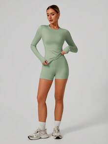 女士休闲舒适拉绒长袖瑜伽服高弹力健身服普拉提跑步运动长袖上衣适合健身运动服秋冬