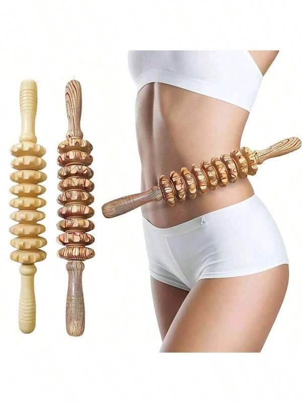 1 PIEZA Rodillo de madera maciza para yoga y pilates, rueda de grano de madera superior, herramienta de masaje para el hogar, deportes y fitness con 9 rodillos, masajeador de mano de madera con diseño curvo para aliviar el dolor muscular y la celulitis