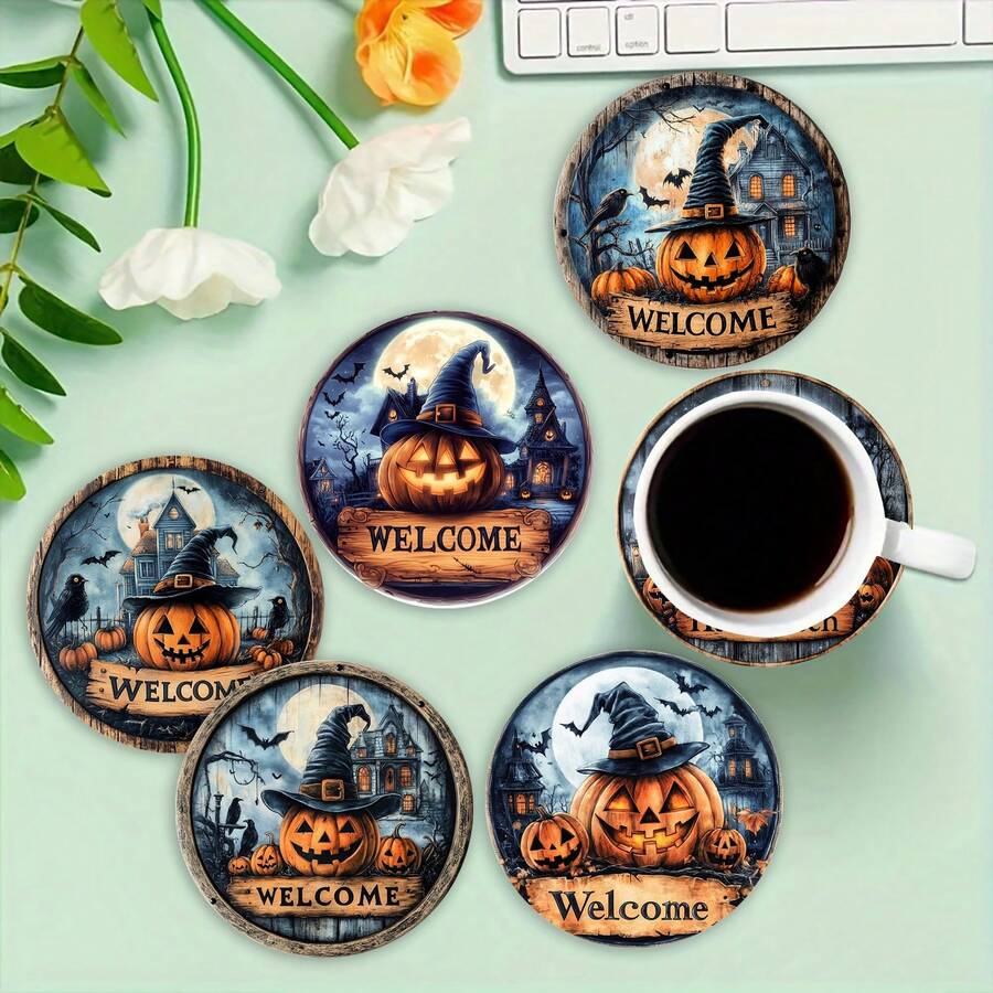 1 Set /4 Pieces /6 Pieces: Halloween Pumpkin Pattern Diatom Mud Coasters, Floral Coffee Coasters, Multi-Occasion Decorations For Home And Restaurant, Daily Gifts, Table Decorations, Daily Decorations, Theme Party Decorations - Multicolor - View 1