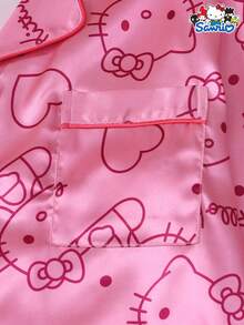 Sanrio 2件套女士春夏粉色缎面三丽鸥Hello Kitty翻领长袖纽扣口袋上衣和蝴蝶结长裤睡衣套装，适合居家穿着，秋冬皆宜 - 粉色 - 查看 4