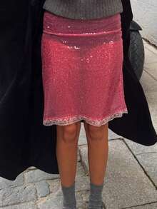 Women's Summer Skirts Sequins Lace Trim Elastic Waist See Through Short Pencil Skirts - 粉色 - 查看 1