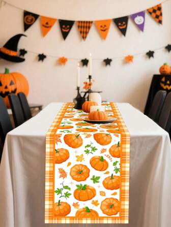 1 Stück/100 Stück 35*180cm Orange Kürbisranke Polyester Tischdecke, Herbst Erntedankfest Heim Tisch Dekoration Tischläufer, Ahornblatt Themen Party Deko, Halloween, Themen Party Stoff, Thanksgiving Dekoration, Herbst Saison Heim Dekoration, Innen Außen Party Zubehör