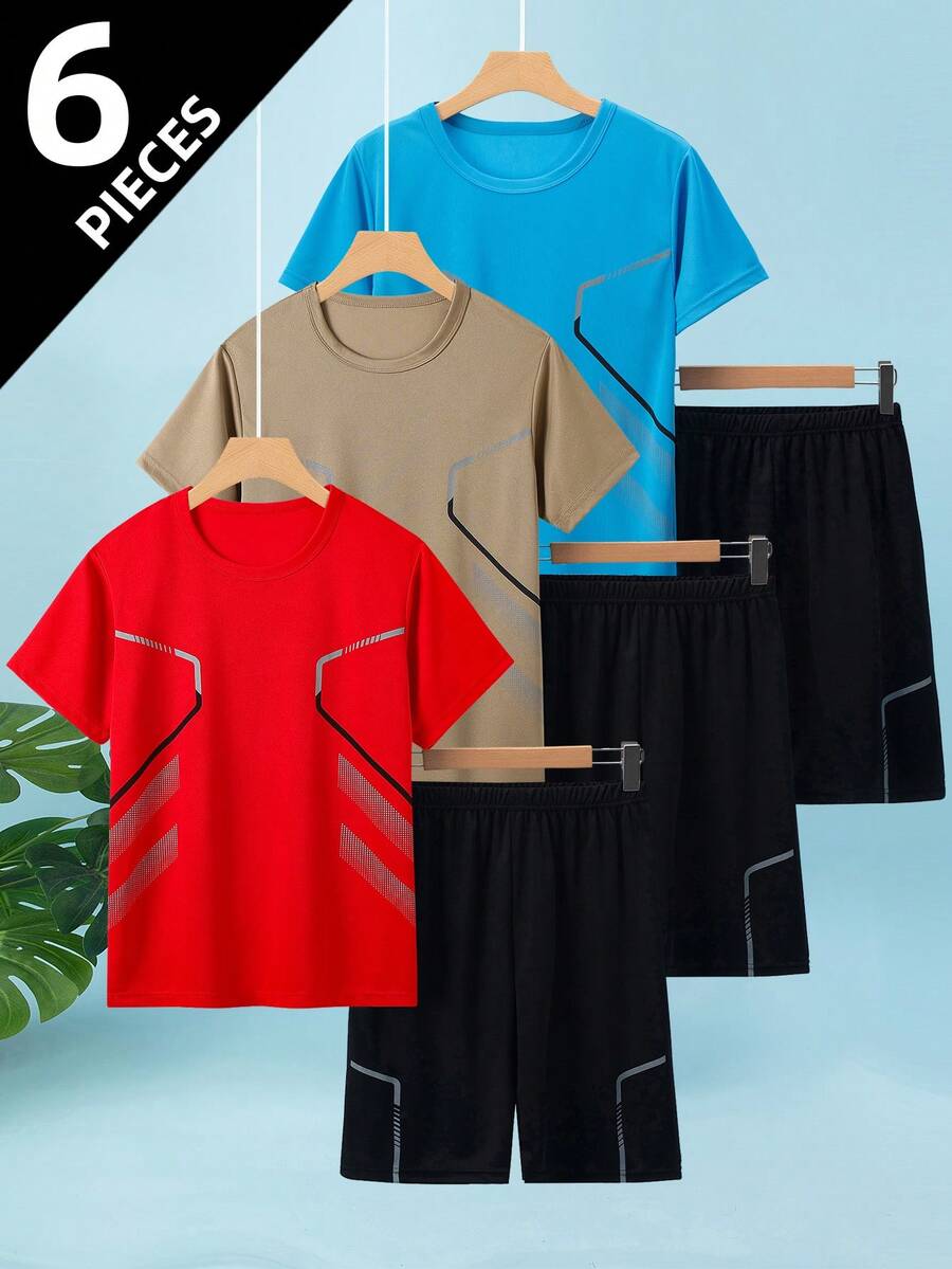 6pcs/Set Teenage Boy Sports Outfit, Including Short Sleeve T-Shirts And Athletic Shorts, Suitable For 12-18 Years Old Boys - Multicolor - View 1