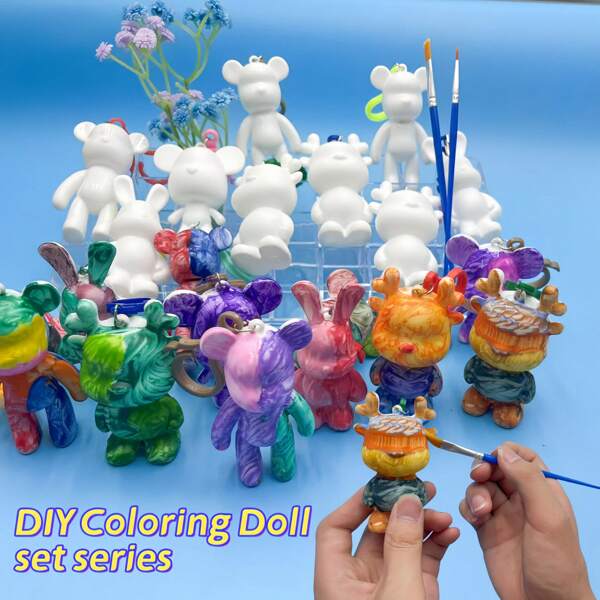 DIY Fluid Doll Coloring Set, Includes Alien, Teddy Bear, Bunny Dolls, 12 Colors & 3 Paints, Palette & Brushes, DIY Keychain Making, For Educational Fun, Creative Play, Classroom Rewards, Random Accessory Color,Back To School,School Supplies