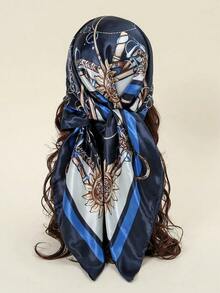 1pc Fashion Ladies' Printed 90s Square Scarf With Chain, Suitable For Daily Wear, Satin Headscarf Bandana Bandana,Hair Band,Head Band Ideal For Dressing Up Your Look - 藏蓝色 - 查看 6