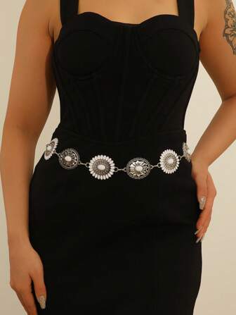 复古银色空心椭圆形腰链，几何花卉金属肚脐链腰带，可调节身体链装饰印花 V 形，适合波西米亚风连衣裙，锌合金，适合春季、夏季、秋季、冬季