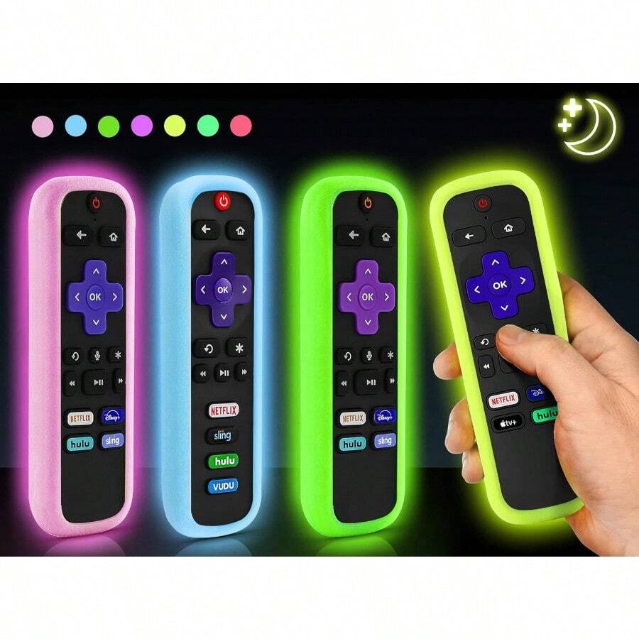 4 Pack ONEBOM Cover For Roku Remote Cover For Hisense  Roku TV Steaming Stick Express Universal Replacement Controller Silicone Sleeve Skin Glow In The Dark (Green Pink Blue Yellow) - GlowGreen & GlowBlue & GlowYellow & GlowPink - Xem 1