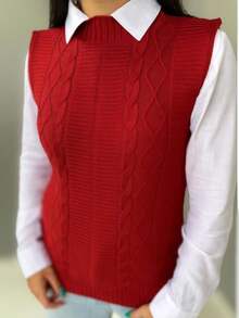 Women's Knitted Vest Braid Max Vest Overlay Knit Fashion Blogger - Rojo - Ver 1