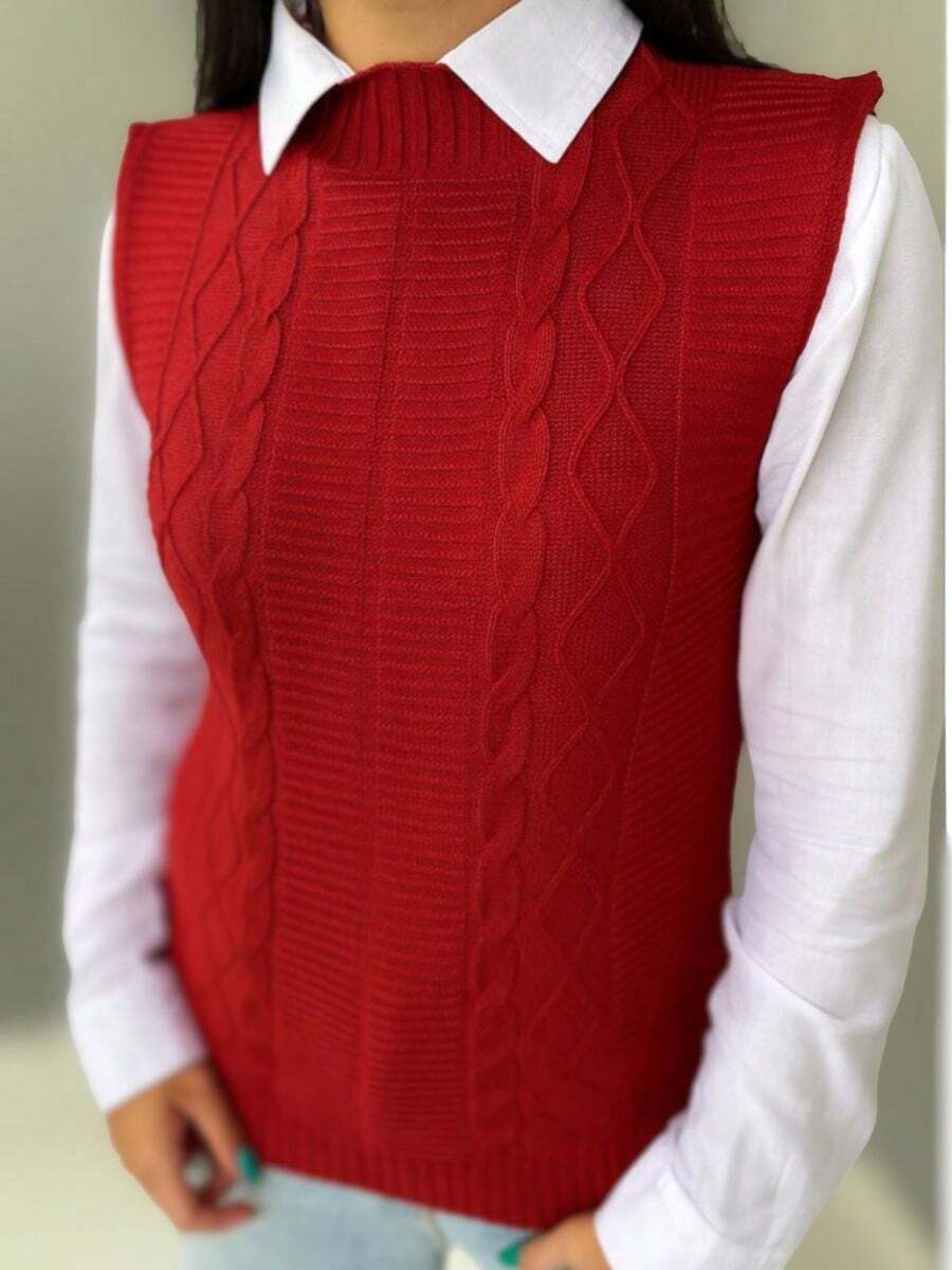 Women's Knitted Vest Braid Max Vest Overlay Knit Fashion Blogger - Rojo - Ver 1
