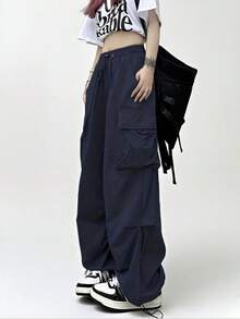 Women Parachute Drawstring Pockets Cargo Pantalones Casual Loose Fit Baggy Pants  Y2k Clothing - 藏青色 - 查看 3