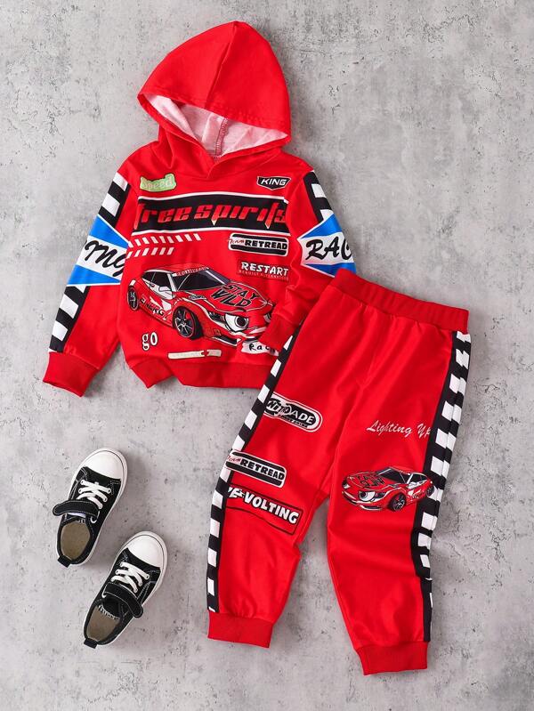 Conjunto de 2 piezas para niños pequeños con estampado de pista de carrera, sudadera con capucha y pantalones, traje deportivo informal para otoño/invierno