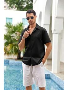 Mens Linen Button Down Shirts Short Sleeve Basic Cuban Regular Fit Wedding Summer Beach Tops - Màu be - Xem 6
