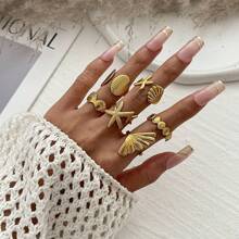 Juego de 6 anillos de personalidad bohemia con estrella de mar de estilo vintage y acabado liso vegano