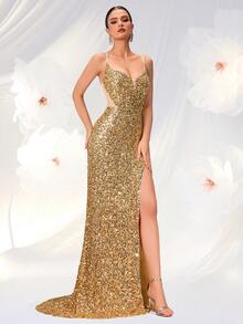 ADYCE Robe de soirée fendue sur le devant, avec dos nu et ornements pailletés, avec lien. Convient pour les bals, les banquets, les événements du soir, les robes d'invité de mariage, les tenues de soirée formelles. Couleur: jaune beurre. Longue robe