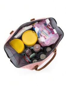 3pcs Tote Handbag With Shoulder Strap, Wet & Dry Separation Bottle Compartment, Travel Diaper Bag For Moms - Baby Pink - View 7