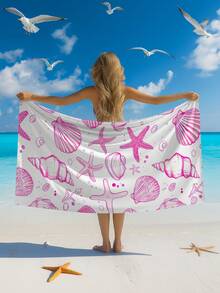 1 件粉色贝壳海星印花沙滩巾，超细纤维速干吸水沙滩巾，泳池日光浴巾，适合户外游泳、运动、健身、瑜伽、露营、度假必备礼物、户外池畔、沙滩装饰沙滩巾、沙滩配件、泳池浮圈