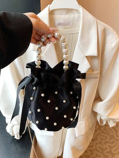 1pc Women's Fashion Nylon Shoulder Bag With Pearl Decoration, Drawstring Bucket Bag, One Shoulder & Crossbody
