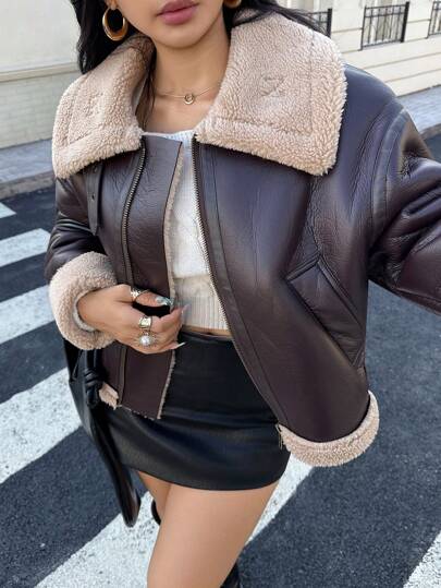 Buzzelle DEEKA 冬季新款短款保暖双面摩托车夹克，女士宽松棕色仿皮羊毛领外套