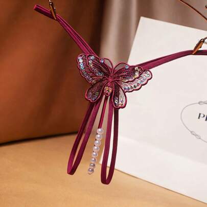 Sexy Damen Perlen-Mesh String-Höschen - transparentes Mesh Unterhose mit offenem Schritt T-Rücken-Design und Glitzer-Stickerei