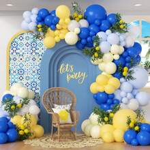 136pcs Lemon Balloon Garland Arch Set, Including Yellow, Blue And White Latex Balloons, Very Suitable For Birthday Party Decorations, Baby Showers, Bridal Parties, First Birthday Parties And Other Party Decorations. - Multicolor - View 2