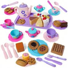 女孩角色扮演下午茶套装，下午茶甜点茶壶套装，公主下午茶游戏茶壶厨房玩具，复活节儿童生日礼物 - 彩色 - 查看 7