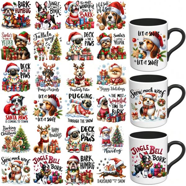 ELEWINS 24 Stücke UV DTF Tassen Wrap - Weihnachts-Hunde-Lustig Wasserdichte Tassen Wrap Aufkleber - Abnehmbar Spülmaschinenfest - DIY UV DTF Becher Wraps für Tassen, ästhetische Designs für Jugendliche Erwachsene, für Schulbedarf, Rückkehr zur Schule