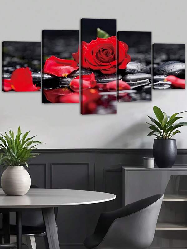 1/5 Pieces Rose Floarl Canvas Poster, Red Roses And Zen Stones Modular Picture, Wall Art With Frame, Modern Art Print Painting, Ideal Decor For Bedroom Living Room Kitchen Dorm, Odorless Wall Decoration, Gift For Family Friends, Murals