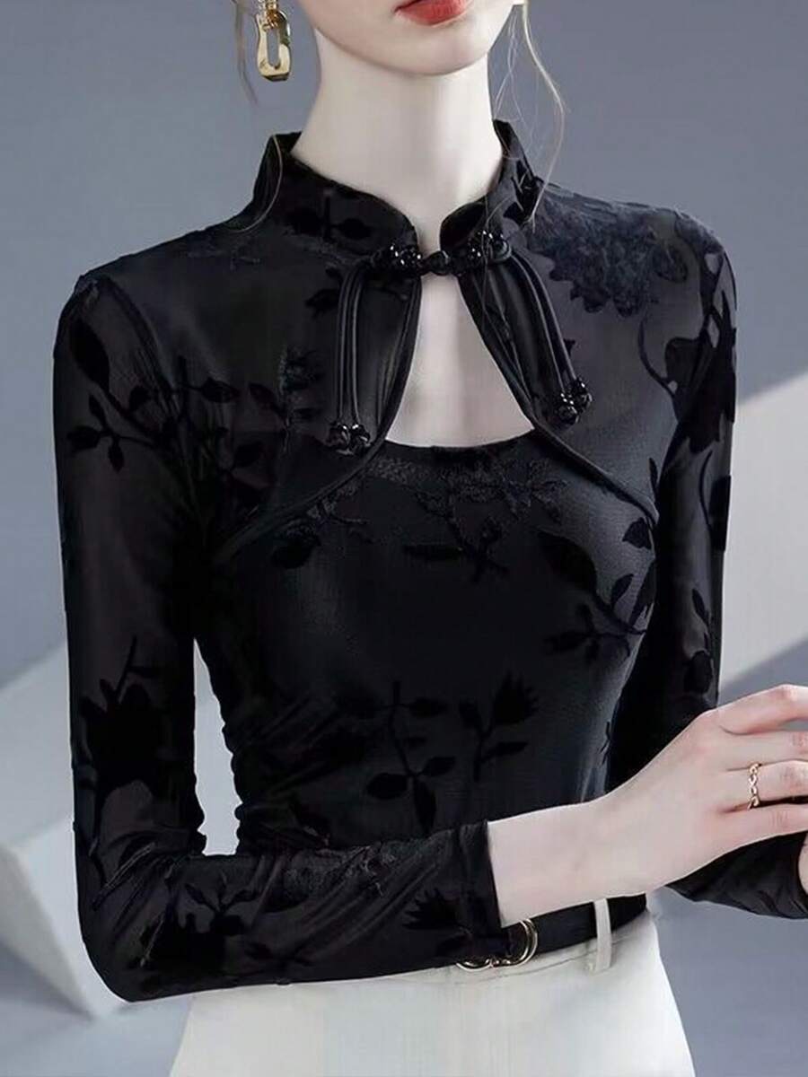 2025 Herbst Neuer Stil Chinesisches Cheongsam-Kragen Jacquard-Flockung Anliegende Lässig Bluse, Elegante Hohlblaue