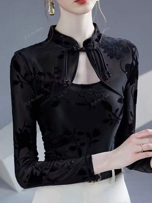 2025 Autumn New Style Chinese Cheongsam Collar Jacquard Flocked Fitted Casual Top, Elegant Hollow-Out Blouse