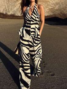 女式休闲印花露背背心和高腰阔腿裤套装