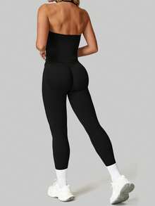 Aaseow 女士瑜伽上衣，健身瑜伽衫，运动服，露背褶皱内置胸罩罩杯上衣 - 黑色 - 查看 4