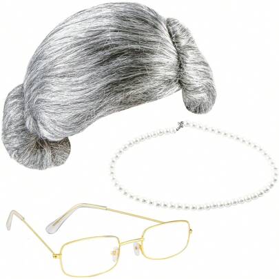 Cooraby 3 Pieces Days Of School Old Lady Wig Grandma Wig Granny Glasses Artificial Pearl Necklace Halloween Fancy
