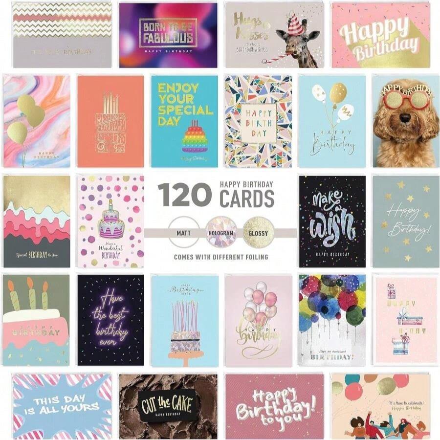 Easykart Labels 24 Unique Birthday Cards Assortment With Greetings Inside For Businesses And Individuals, 4X55 Inch Assorted Foiling Cards With Envelope With Sealing Stickers - 120 Thẻ - Xem 1