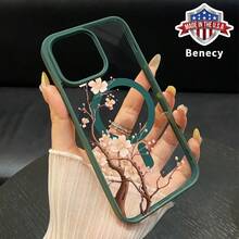 Case For IPhone 16 Pro Max 16e 15 Plus 14 13 12 11 XS Max XR X Cherry Blossom Grace Magnetic Fit Pattern Shockproof Silicone Non-Yellowing Transparent Colorful Protective Smartphone Cover Gift - 綠色 - 查看 1