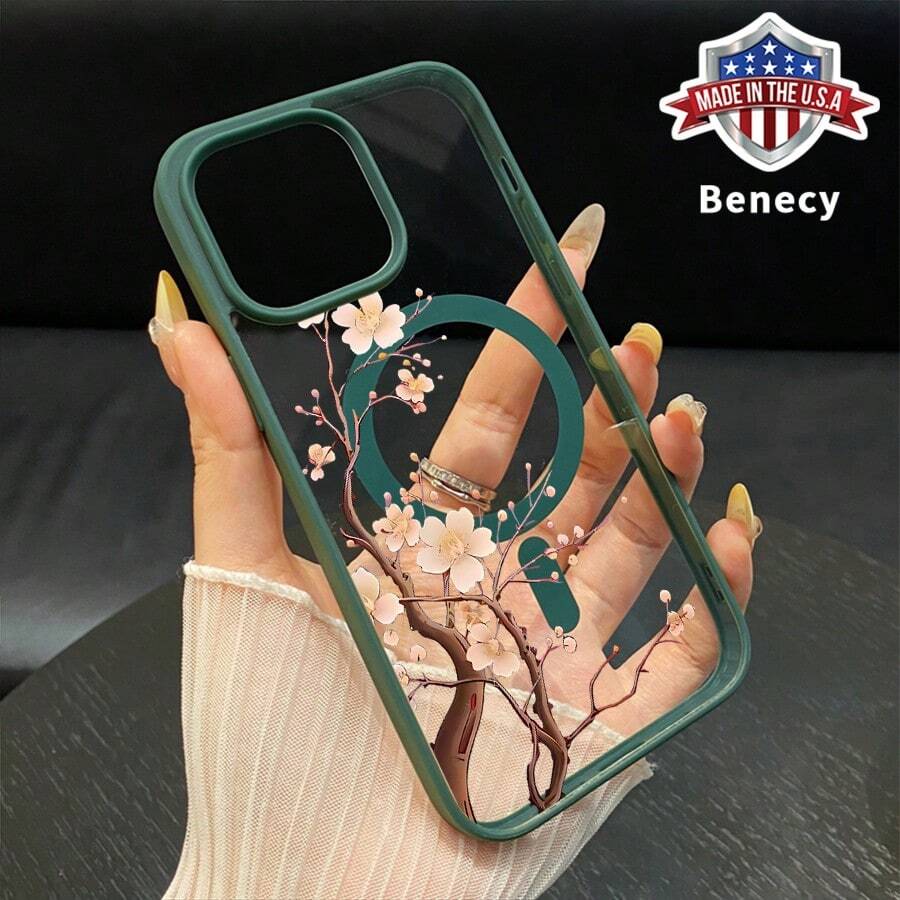 Case For IPhone 16 Pro Max 16e 15 Plus 14 13 12 11 XS Max XR X Cherry Blossom Grace Magnetic Fit Pattern Shockproof Silicone Non-Yellowing Transparent Colorful Protective Smartphone Cover Gift - 綠色 - 查看 1